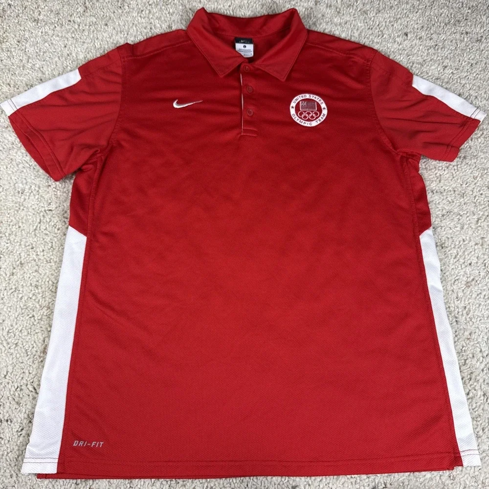 USA Olympic Shirt Mens Large Red Golf Nike Dri Fit Performance Polyester Polo
